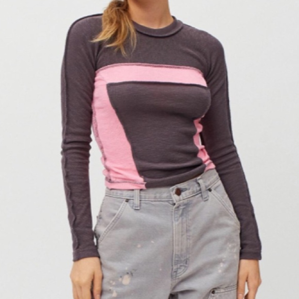 BDG Colourblock Serged Long Sleeve Tee- Pink & Brown